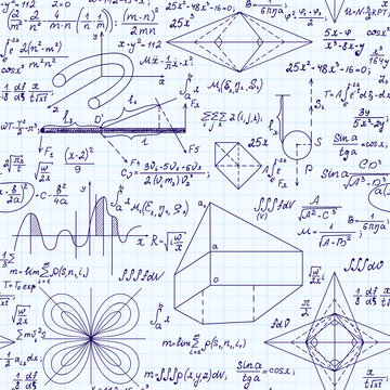 Scientific vector seamless pattern with handwritten mathematical equations, formulas, plots, figures and calculations