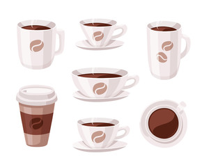 Set of Cartoon Style Coffee Cup. Vector Illustration Hand Drawn Caffeine Drinks