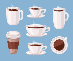 Set of Cartoon Style Coffee Cup. Vector Illustration Liquid Chocolate. Hand Drawn Caffeine Drinks