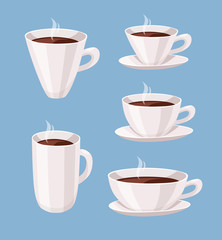 Set of Cartoon Style Coffee Cup. Vector Illustration Liquid Chocolate. Hand Drawn Caffeine Drinks