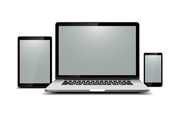 Black laptop, tablet, phone on white background