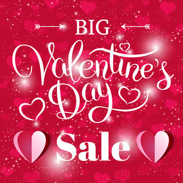Valentines day sale background with lettering, glowing stars and