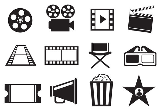 Black and White Cinema Movie Entertainment Vector Icon Set