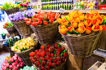 Wood tulips in baskets
