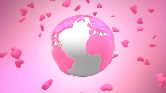 Pink valentine world surrounded by floating heart symbols