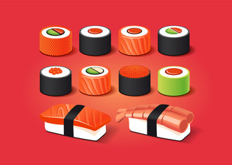 Sushi and rolls set with realistic 3d effect. Japanese food.