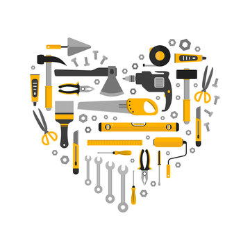 Flat set of working tools in heart shape. Icons design elements. Construction and home repair instruments. Hand drill, glue, screwdriver, saw, pliers, level, hammer, scissors. Vector illustration