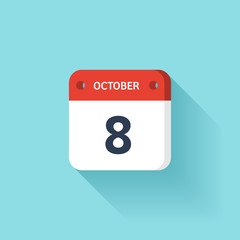 October 8. Isometric Calendar Icon With Shadow.Vector Illustration,Flat Style.Month and Date.Sunday,Monday,Tuesday,Wednesday,Thursday,Friday,Saturday.Week,Weekend,Red Letter Day. Holidays 2017.