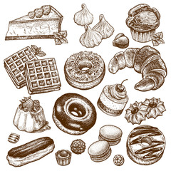 Sweets, desserts and pastries in the style of vintage engraving.
