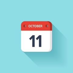 October 11. Isometric Calendar Icon With Shadow.Vector Illustration,Flat Style.Month and Date.Sunday,Monday,Tuesday,Wednesday,Thursday,Friday,Saturday.Week,Weekend,Red Letter Day. Holidays 2017.