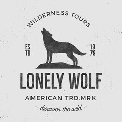 Old wilderness label with wolf and typography elements. Vintage style wolf logo. Prints of howling wolf. Unique design for t-shirts. Hand drawn wolf insignia, rustic design. Vector Letterpress effect