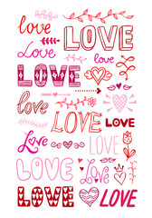 Hand drawn St. Valentine's Day clipart elements with hearts, love words lettering, flowers and love symbols