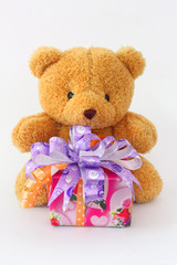 Brown teddy bear and gift boxes on a white background.