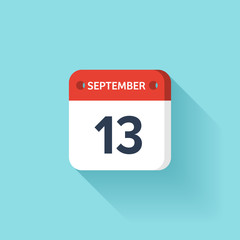 September 13. Isometric Calendar Icon With Shadow.Vector Illustration,Flat Style.Month and Date.Sunday,Monday,Tuesday,Wednesday,Thursday,Friday,Saturday.Week,Weekend,Red Letter Day. Holidays 2017.