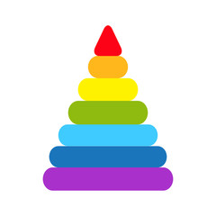 Pyramid icon. Childrens colorful plastic toy. Rainbow color stacking ring set. Triangle shape. Education card for kids. Isolated. White background. Flat design.
