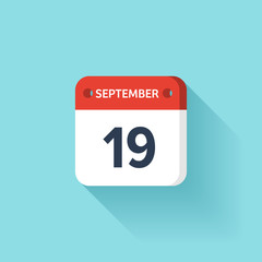 September 19. Isometric Calendar Icon With Shadow.Vector Illustration,Flat Style.Month and Date.Sunday,Monday,Tuesday,Wednesday,Thursday,Friday,Saturday.Week,Weekend,Red Letter Day. Holidays 2017.