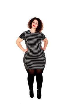 Beautiful curvy girl with striped dress and red lips