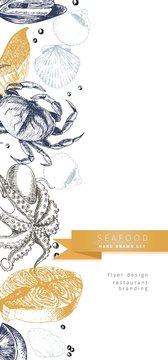 Vector set for seafood restaurant branding. Flyer with border frame and sketched icons.