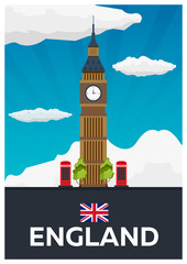 Travel poster to England. Big Ban. Vector flat illustration.