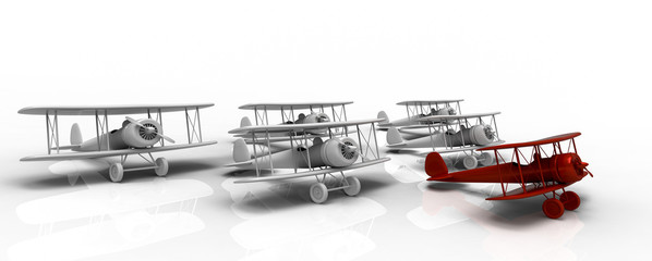 3d illustration of six toys airplanes
