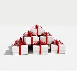 3d illustration white gift boxes with red ribbon