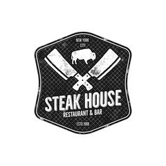 Steak House vintage Label. Typography letterpress design. Vector steak house retro logo. Included bbq grill symbols for customizing steak house badge. Monochrome insignia isolated