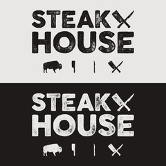 Steak House vintage Label. Typography letterpress design. Vector   retro logo. Included bbq grill symbols for customizing   badge. Black and white insignias isolated