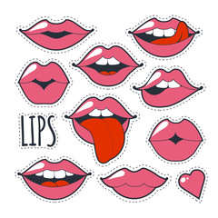 Set glamorous quirky icons. Vector illustration for fashion design. Bright pink makeup kiss mark. Passionate lips in cartoon style of the 80's and 90's isolated on white background.