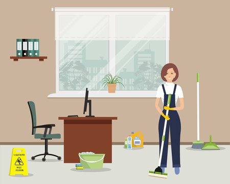 Web banner of an office cleaning lady. Young woman with a mop standing on the window background. There is also a "Caution! Wet floor" sign, a broom, a scoop in the picture. Vector flat illustration