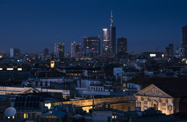 Milan skyline with modern skyscrapers in Porta Nuova business district in Milan, Italy. Night view. - 134450746