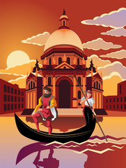 Illustration of gondola ride through Venice at dusk © beovule