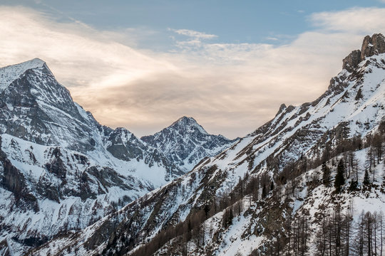 San Domenico (Piemonte, Italy) Mountains at sunset - Alpine snowy landscape