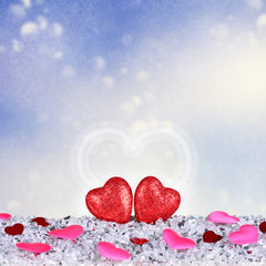 Obraz premium The two red hearts shapes on abstract light bokeh background in love concept for valentines day and romantic moment