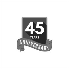 45 years Anniversary badge, sign and emblem with ribbon and typography elements. Flat monochrome design with shadow. Use your number, text. Vector illustration isolate on white background