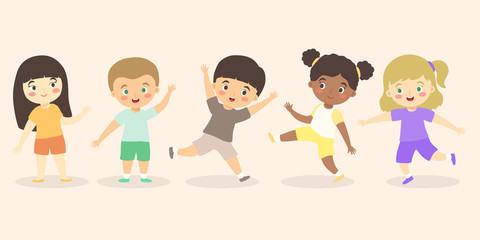Boys and Girls Kid Set Cartoon, fun cute multi ethnic kids group icon vector illustration