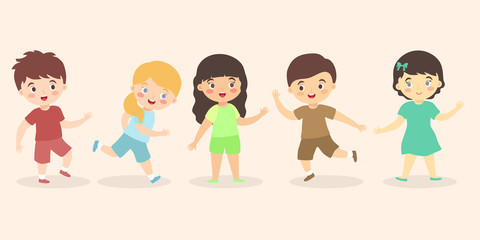 Boys and Girls Kid Set Cartoon, fun cute multi ethnic kids group icon vector illustration