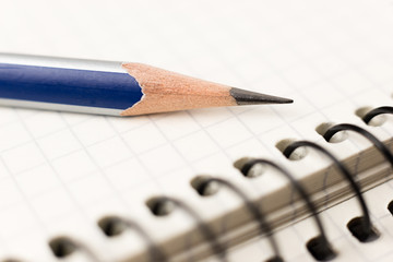 Pencil on the pages of an open notebook for records