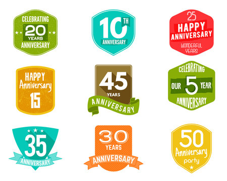 Anniversary badges, signs and emblems collection in different style - retro design, flat. Easy to edit use your number, text. illustration isolate on white background