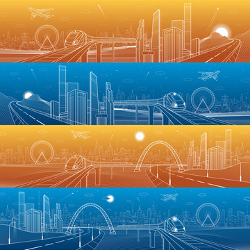 City and transport mega panorama. Highway in the mountains, train rides on the bridge, skyline, white lines infrastructure landscape, day and night town, airplane fly, urban scene, vector design art