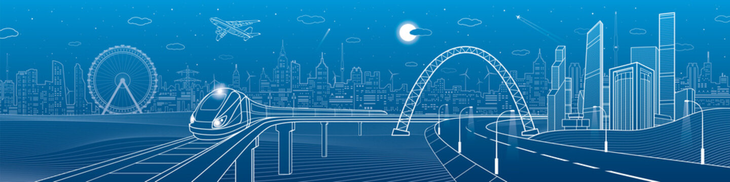 Infrastructure panorama. Highway under the bridge. Train rides. Night neon city on background, business buildings, towers and skyscrapers on skyline, airplane fly, urban scene, vector design art