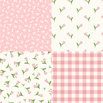 Vector set of seamless floral patterns in pink and white colors.