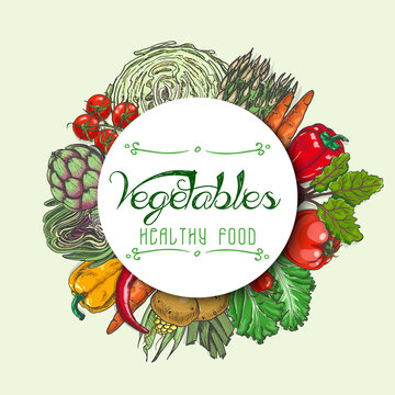 Fresh vegetables in a circle and inscription in the middle