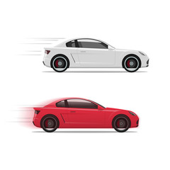 Naklejka premium Cars racing fast vector illustration, flat auto moving on high speed with motion blur, race of two automobiles side view isolated on white background