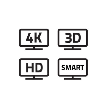 Ultra hd 4k tv format, full hd television icons set line outline style, 3d video emblem label for lcd or led smart tv icon, isolated on white