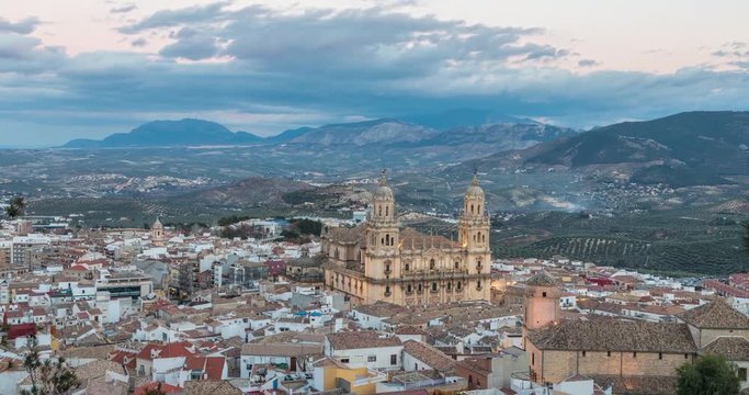 Static view on Cathedral of Jaen in the evening (day to night time lapse video)
