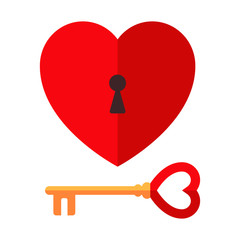 Icono plano corazon con cerradura y llave color en fondo blanco
