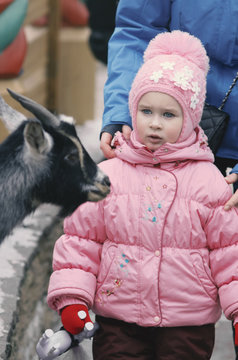 The little girl watchfully and almost scaredly looks at a little