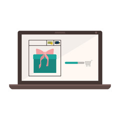 laptop with gift in shopping cart vector illustration