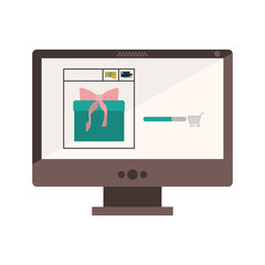 desktop computer with gift in shopping cart vector illustration