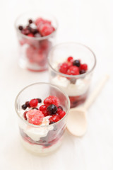 cottage cheese with berries in a glass on a white background